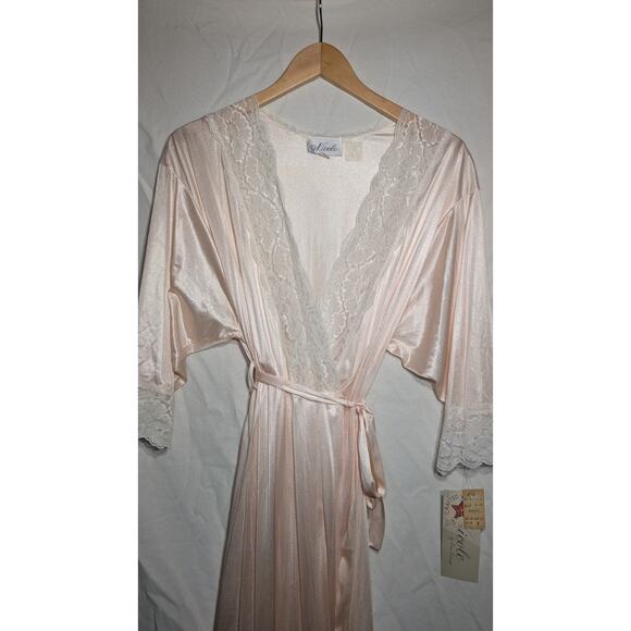Vintage deadstock Nicole Womens Full Length Blush Nylon Belted Robe Sz SP Lace - Picture 3 of 9